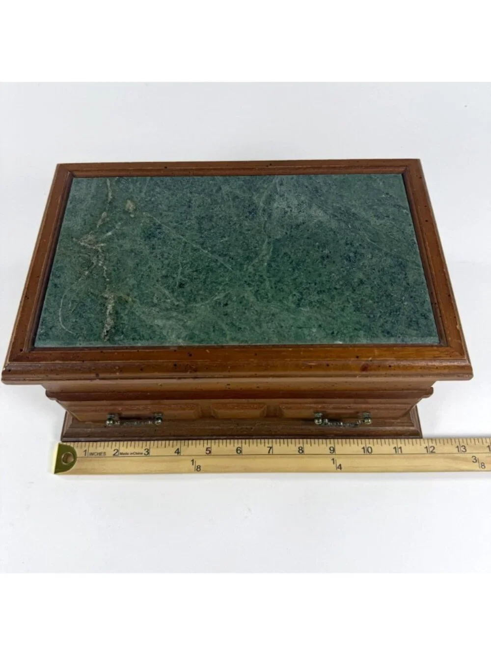 Vintage Montgomery Wards Wondercrafts Green Marble Top Wood Jewelry Box Drawer